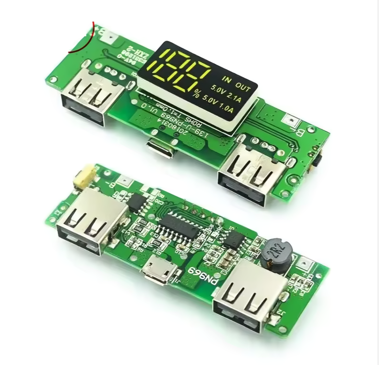 Dual USB 5V 2.1A Lithium-Ion Battery Charging & Boost Converter Module with LED Display & Micro USB Charging pin.