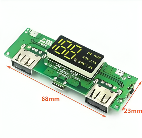 Dual USB 5V 2.1A Lithium-Ion Battery Charging & Boost Converter Module with LED Display & Micro USB Charging pin.